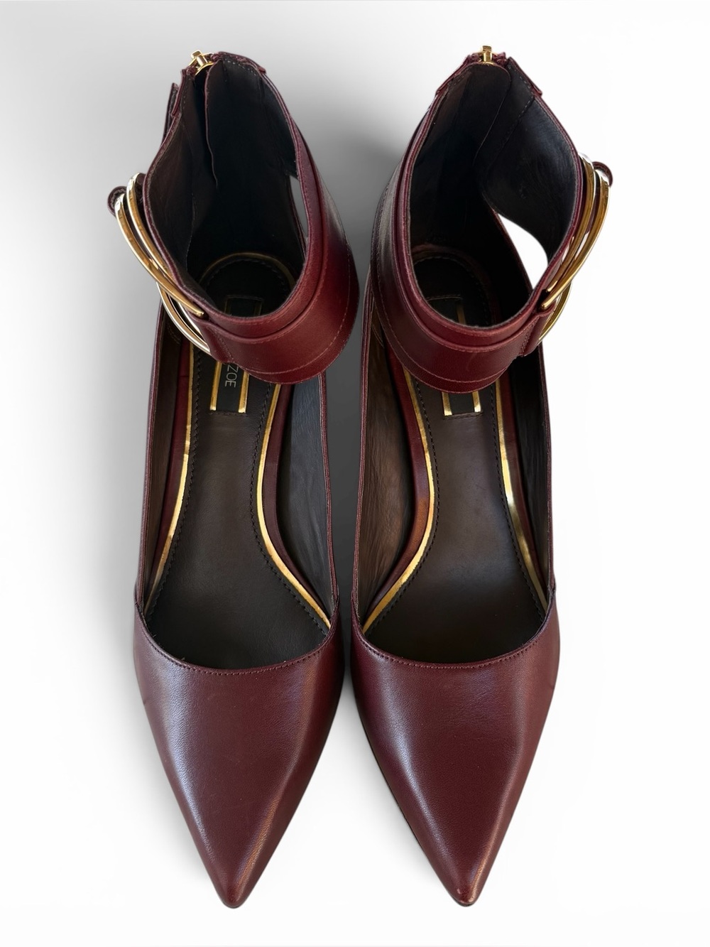 Rachel Zoe Burgundy Pointed Ankle-Strap Pumps with Gold Buckles - Picture 1 of 12